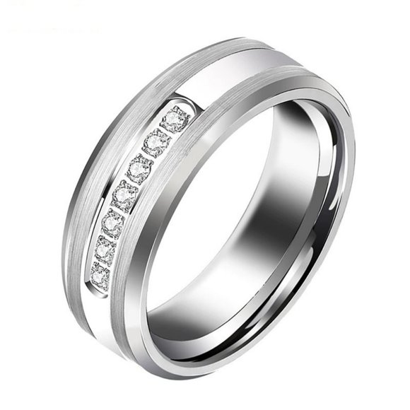 Tungsten Carbide Wedding Band With Clear Zircon - Picture 3 of 11